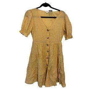 Yellow Button-Down Tiered Dress With‎ Puff Sleeves By Mine - Size S